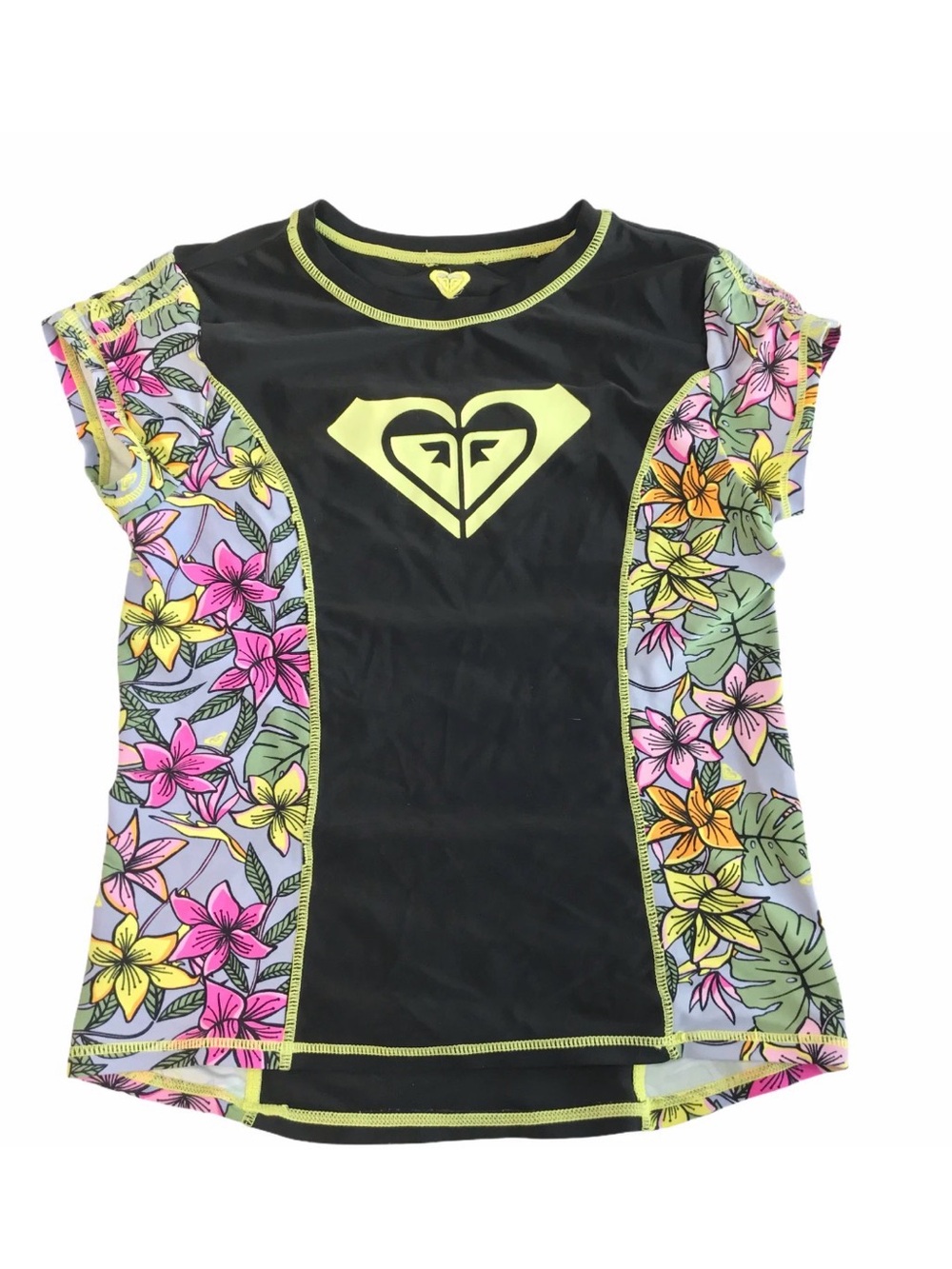 ROXY Rash Guard Shirt Short Sleeve Black w Floral Flowers Pattern 12